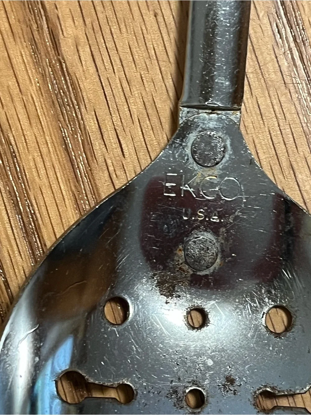 Vintage EKCO SLOTTED SPOON Stainless Steel Black Handle Used